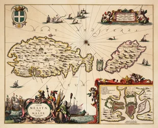 Kort over Malta og Gozo, ca. 1650 (koloreret stik)