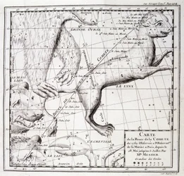 Kort over kometvejen fra 1762 og kort over himlen, observeret af Messier - gravering