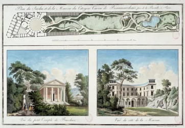 Kort over den franske forfatter og dramatiker Pierre Augustin Caron de Beaumarchais (1732-1799) have og hus på den nuværende Boulevard Beaumarchais i Paris. Gravering omkring 1795 Paris, Musee Carnavalet