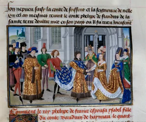 Ægteskab mellem Philippe Auguste (1165-1223) og Isabelle de Hainault (28. april 1181). Miniature i "" Chronicles of Emperors"" af Loyset Liedet (1420-1479)