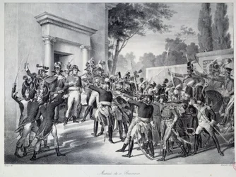 Møde for generaler og officerer i Napoleon Bonaparte (1769-1821) omkring kl. Cents) (salle des 500) afslutter Directoi