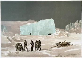 Mænd og slæde på isen - i "" Polarhavets kyster, en arktisk ekspeditionsfortælling"", af Dr. Edward Moos, Marcus Nard & Co, London