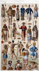 Mænd og kvinder, der repræsenterer de forskellige folk i Oceanien. 1800-tals gravering.