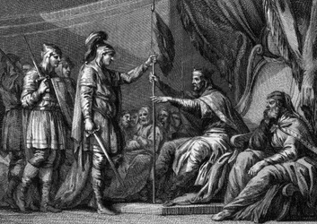 Merovingertid: en borgmester i paladset (rigets dignitær) aflagde ed, før han tiltrådte embedet. Han sværger til eveques og herrer i regionen at bevare deres respektive rettigheder. Stik af det 18. århundrede.