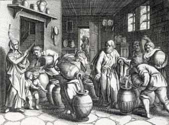 Mirakel af Elisee, bibelsk profet og discipel af Elias, som med sin kappe formidler sin ånd og kræfter til ham. Stik fra 1724.