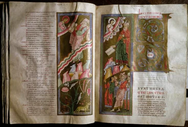 Moses modtager lovens tabeller Dobbeltside med manuskript "" Gebhardt Bibel"" (Admont) (f.68v., 69r) 12. århundrede Wien Osterreischische Nationalbibliothek