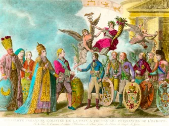 Napoleon Bonaparte (1769-1821) præsenterer fredens oliventræ til alle Europas magter. Gravering 1801 Privat samling