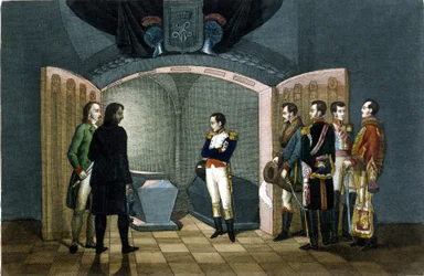 Napoleon Bonaparte foran Frederik II af Preussens grav.