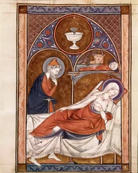 Fødsel: Jomfru Maria er repræsenteret her liggende på en seng Side taget fra manuskriptet "" Psalterium Cum Calendario"" Padua fra det 13. århundrede, seminariets bibliotek