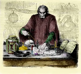 Nicolas Flamel (1330 - 1418) i sit laboratorium.
