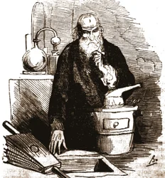 Nicolas Flamel (1330 - 1418) i sit laboratorium.