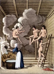 Nøgne figurer i en filandansk sauna. Indgravering fra 1811 indeholder en bog om rejsen.