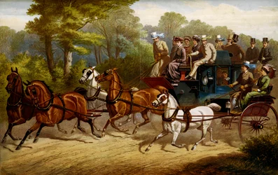 På vej til derbyet. Fiacre og omnibus trukket af heste, der skal til derby