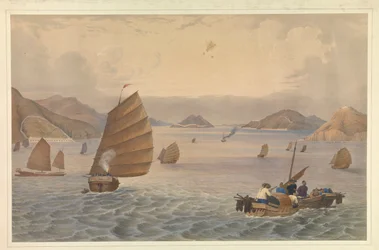 Operationer i Canton-floden. Forter og batterier i Bocca Tigris eller første passage af Canton-floden; H.M. Steam Ship, Vulture Kaptajn Macdougall passerer batterierne med 18th Royal Irish om bord.