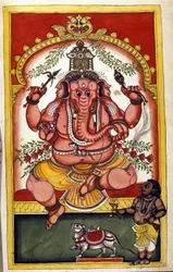 Side, der viser den hinduistiske guddom Ganesha (Ganesh eller Ganapati), protektor for handlende, rejsende og tyve. Side taget fra manuskriptet (ms.8300) "" History of Mogol"" (Moghul eller Moghol) af Stefano Nivibus Cardeira. 1700-tallet. Bibloteca marcia