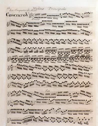 Side med partitur af violin i koncert V i Prøvelsen af ​​harmoni og opfindelse af Antonio Vivaldi