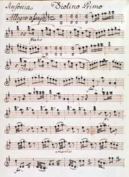 Side af noderne til første violin af Symphony n. 4 i D, af Mozart (1765)