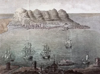 Panoramaudsigt over Gibraltar og Gibraltarstrædet. Det 19. århundrede. Madrid, Nationalbiblioteket.
