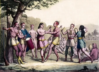 Festscene blandt Iroquois-indianerne. 1600-tals stik.