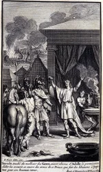 Patroclus, rører ved grækernes ulykke, efter at have fået tilladelse fra Achilleus til at gå og redde dem, dækker sig med våben fra denne prins, som giver drikker til Jupiter for hans lykkelige tilbagevenden. Illustration af bog XVI af Iliaden af H