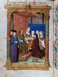 Pedro Marcuello præsenterer sin bog for kong Philip I af Hasburg kendt som den smukke (1478-1506) og dronning Joan Iere the Folle af Castilla (1504-1555). Miniature i "" Andagt af dronningen Da Juana, som de kaldte den gale kvinde"" af Pedro Marcuello