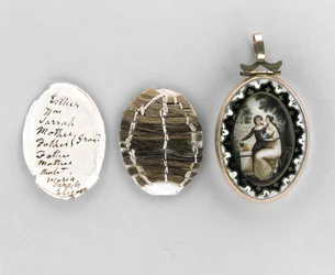 Vedhæng, ca. 1800 (akvarel på elfenben, emalje, hår, forgyldt, silke og glas)