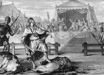 Pepin le Brief (714-768), frankernes nye konge, beviser sit mod ved at kæmpe mod en løve og en tyr i en arena, 751. Indgravering af det 18. århundrede.
