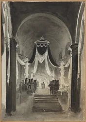 Peter og Paul-katedralens udsmykning til begravelsesceremonien for Peter III og Catherine II - Anonym. Pen, pensel, akvarel, blæk på papir