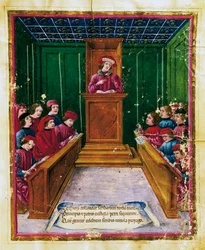 Pietro da Unzola forelæser fra juridisk tekst til elever under juraforelæsning ved universitetet i Bologna, miniature fra Liber iurium et privilegiorum notariorum Bononiae manuskript, Italien