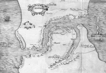 Plan, der viser Konstantinopel-strædet (nu Bosporus-strædet (Bosporos) - i "" Voyage de levant foretaget på kommando af kongen i år 1621", redigeret i 1629 (under Ludvig XIII Le Justes regeringstid)