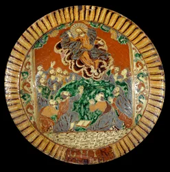 Plade i lakeret jord, der repræsenterer Kristi Himmelfart. 1752. Sevres, Nationalmuseet for Keramik