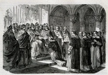 Pave Adrien II (792-872) overdrog til en af sine legater en boble af ekskommunikation mod Lord Normand. Indgravering - i "" Pavernes historie"", sd. 19. århundrede.
