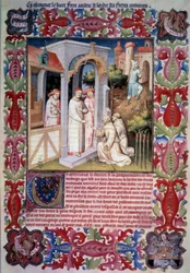 Pave Johannes XXII betror Odoric af Pordenone (franciskansk) missionen at evangelisere Oversøiske Hav. Mænd fører agerhøns til Trabzon. Jean Without Fears våben og emblem. Jean de Berrys våben. Miniature i "" Itinerarium. Vidundernes Bog",