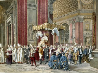 Pave Pius IX (1792-1846) gik til åbningsceremonien den 08/12/1869 af det første Vatikankoncil i Peterskirken. Det er på Sedia Gestatoria. Illustration af perioden.