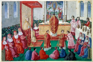 Pave Sixtus IV (1414-1484) deltager i messe i Det Sixtinske Kapel ved Vatikanets miniature-decoupé fra det 15. århundrede. Søn 0,1x0,16 m Chantilly, musee Conde