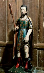 Populær kunst: "" Saint Roch"" Helgenen bærer pestsvulsten på benet. Anonym skulptur fra det 18. århundrede. São Paulo, kunstmuseum