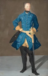 ""Portræt af kong Karl XII af Sverige"" (Portræt af kong Karl XII af Sverige (1682-1718)) Akvarel og gouache anonym omkring 1710 Dim 20x13 cm Privat samling