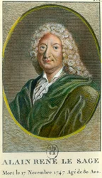 Portræt af Alain Rene Lesage (Alain-Rene Le Sage) (1668-1747) fransk forfatter. Stik af det 18. århundrede. Privat samling