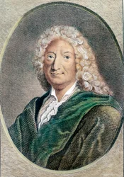Portræt af Alain Rene Lesage (Alain-Rene Le Sage) (1668-1747), fransk forfatter. Stik af det 18. århundrede. Privat samling
