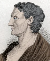 Portræt af Aristoteles, kendt som Stagiriten, på græsk Aristoteles, græsk filosof (384 f.Kr. til 322 f.Kr.). Gravering fra det 19. århundrede.