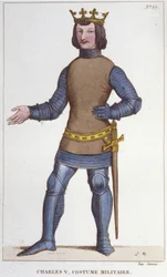 Portræt af Karl V den Vise i militærdragt (1338 - 1380).gravering fra 1830