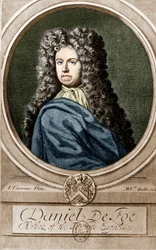 Portræt af Daniel de Foe eller Defoe (1660 - 1731), engelsk forfatter og journalist, forfatter til romanen "Robinson Crusoe".
