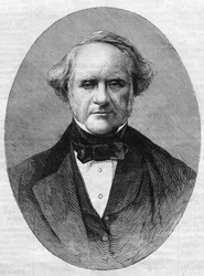 Portræt af George Peabody (1795-1869) iværksætter og filantrop grundlægger af Peabody Institute Conservatory ved Johns Hopkins University i Maryland, USA. Indgravering i ""Det illustere univers""