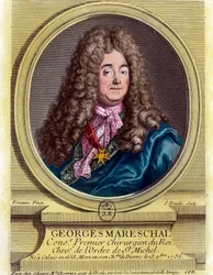 Portræt af Georges Marechal (1658 - 1736), kongens første kirurg fra 1703 - 1719. Stik af det 18. århundrede. Privat samling.