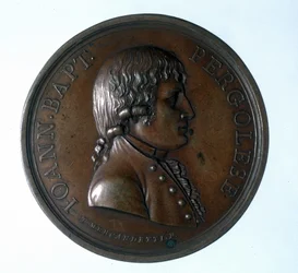 Portræt af Giovanni Battista Pergolesi (Jean Baptiste Pergolese, Jean-Baptiste) (1710 - 1736). Bronze medaljon. Museum for trappen. Milano