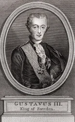 Portræt af Gustave III (1746-1792), konge af Sverige fra 1771 til 1792, indgravering af 1787 "" Collection to the Soldiers of Yesteryear""