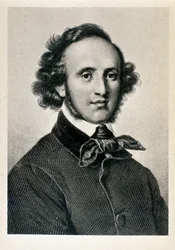 Portræt af Jakob Ludwig Felix Mendelssohn Bartholdy (1809-1847), tysk dirigent og komponist. Litografi af det 19. århundredes Biblioteca del Conservatorio Giuseppe Verdi, Milano ©Luisa Ricciarini/Leemage
