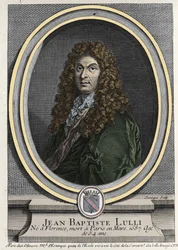 Portræt af Jean Baptiste Lully (Giovanni Battista Lulli) (1632-1687), fransk komponist af italiensk oprindelse. Indgravering af det 19. århundrede.