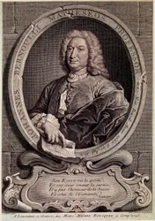 Portræt af Jean Bernoulli (Johann Bernouilli) (1667-1748) schweizisk matematiker og fysiker Gravering af det 18. århundrede - Portræt af Johann (Jean eller John) Bernouilli, schweizisk matematiker og fysiker. Gravering
