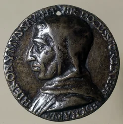 Portræt af Jerome Savonarola eller Girolamo Savonarola (1452 - 1498), italiensk prædikant. Han etablerede et teokratisk regime i Firenze. Tidens medaljon.